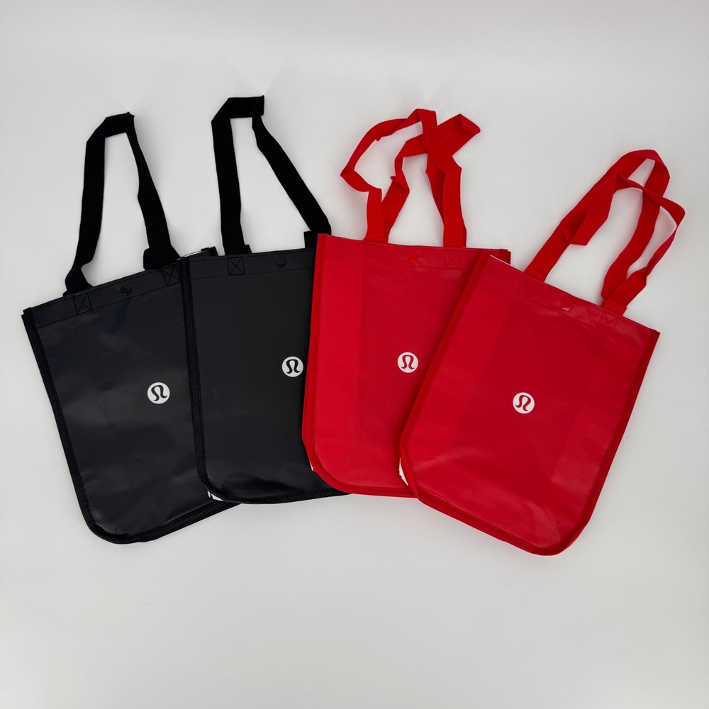 Lululemon Reusable Shopping Tote Bags 4 Pack Black & Red Small Shopper Snap Logo